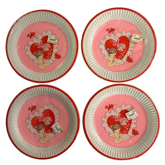 Vintage Reed Valentines Plates 7" Plastic Coated Hearts Baby Shower 8ea Lot Of 4 - Picture 1 of 6